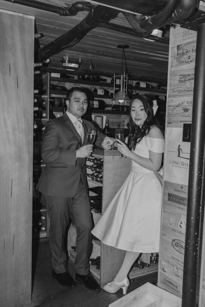 bride and groom portrait at wine cellar 